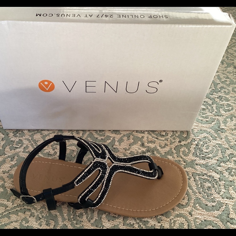 Venus black rhinestone flat sandals.  Size 7.5.